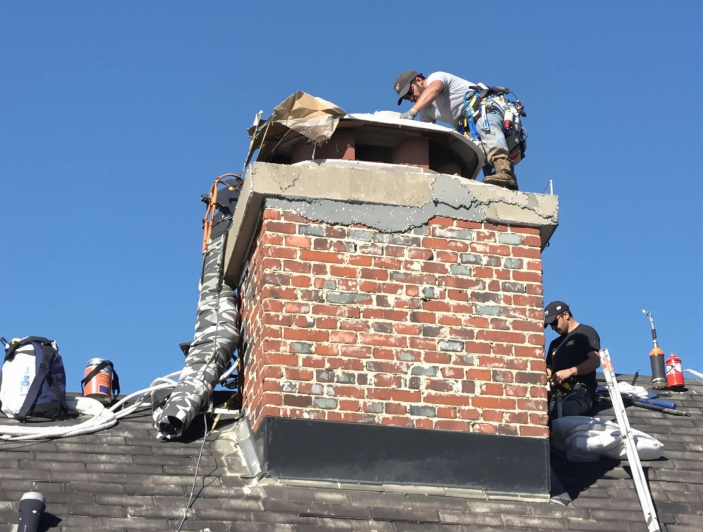 Plymouth Chimney Sweep installing a custom chimney crown in Plymouth, MA
