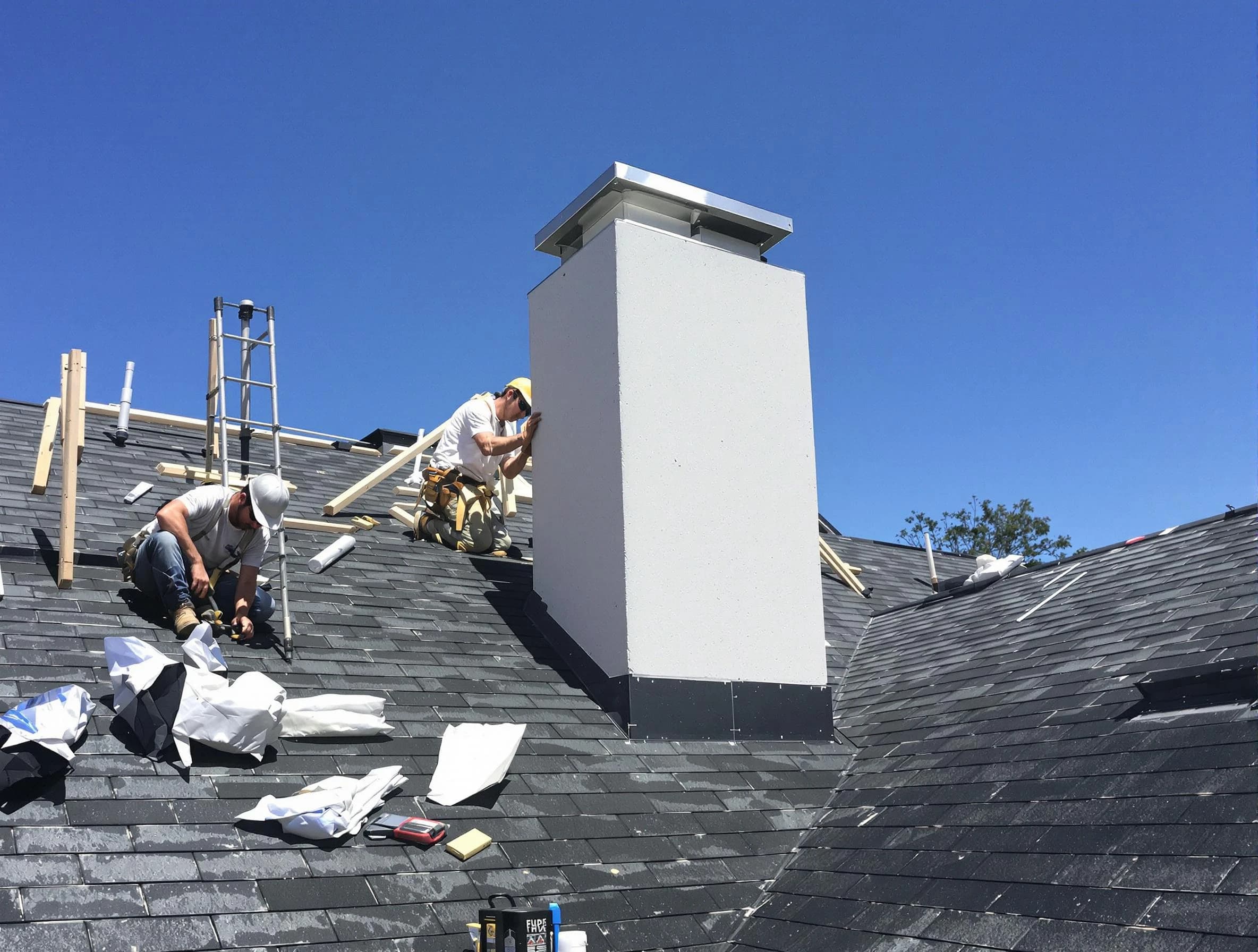 Plymouth Chimney Sweep crew installing a new chimney in Plymouth, MA