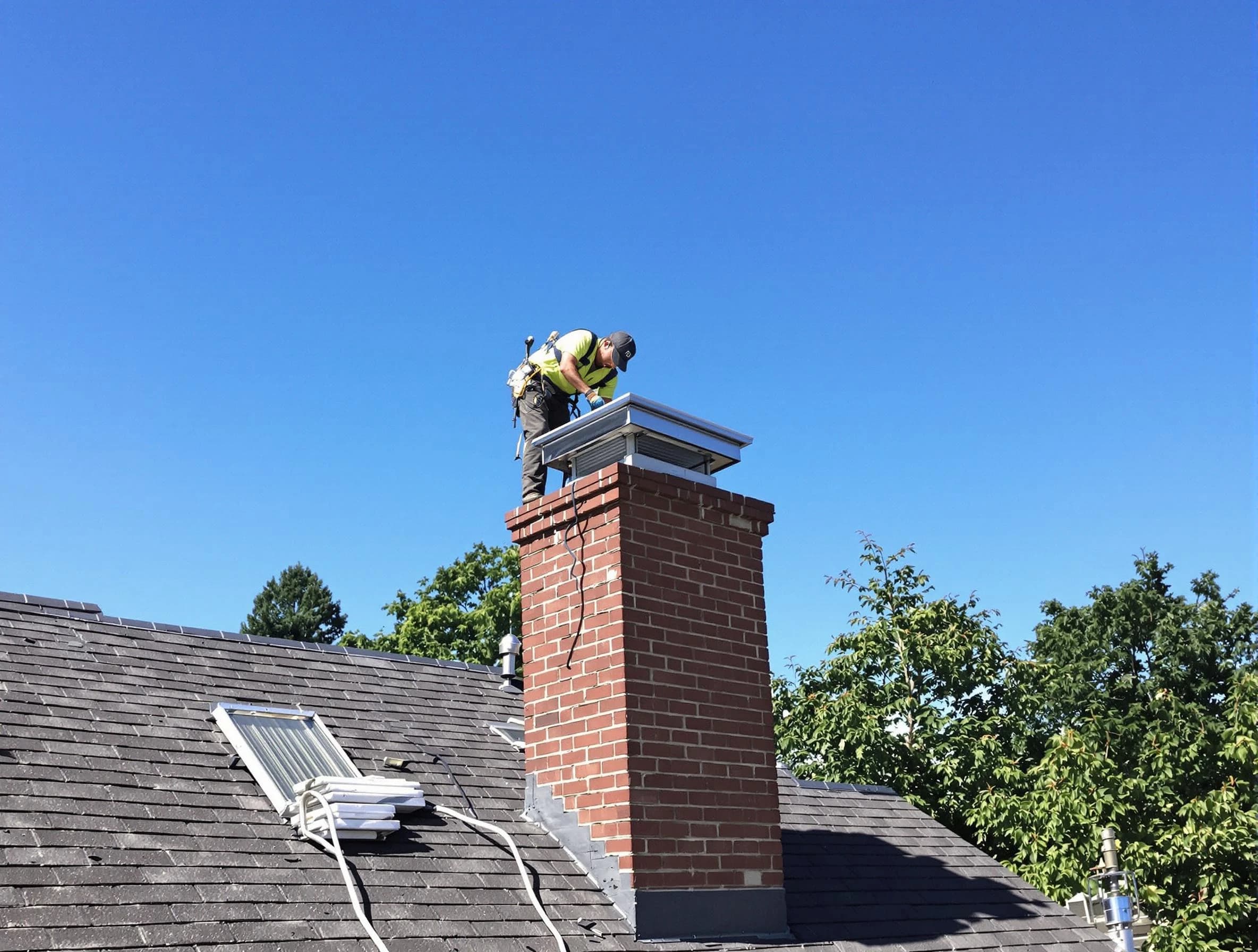 Plymouth Chimney Sweep technician measuring a chimney cap in Plymouth, MA