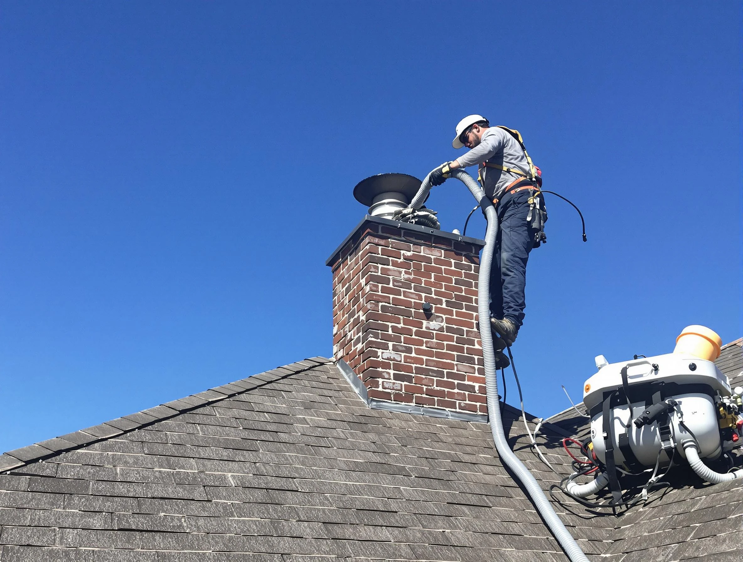 Dedicated Plymouth Chimney Sweep team member cleaning a chimney in Plymouth, MA