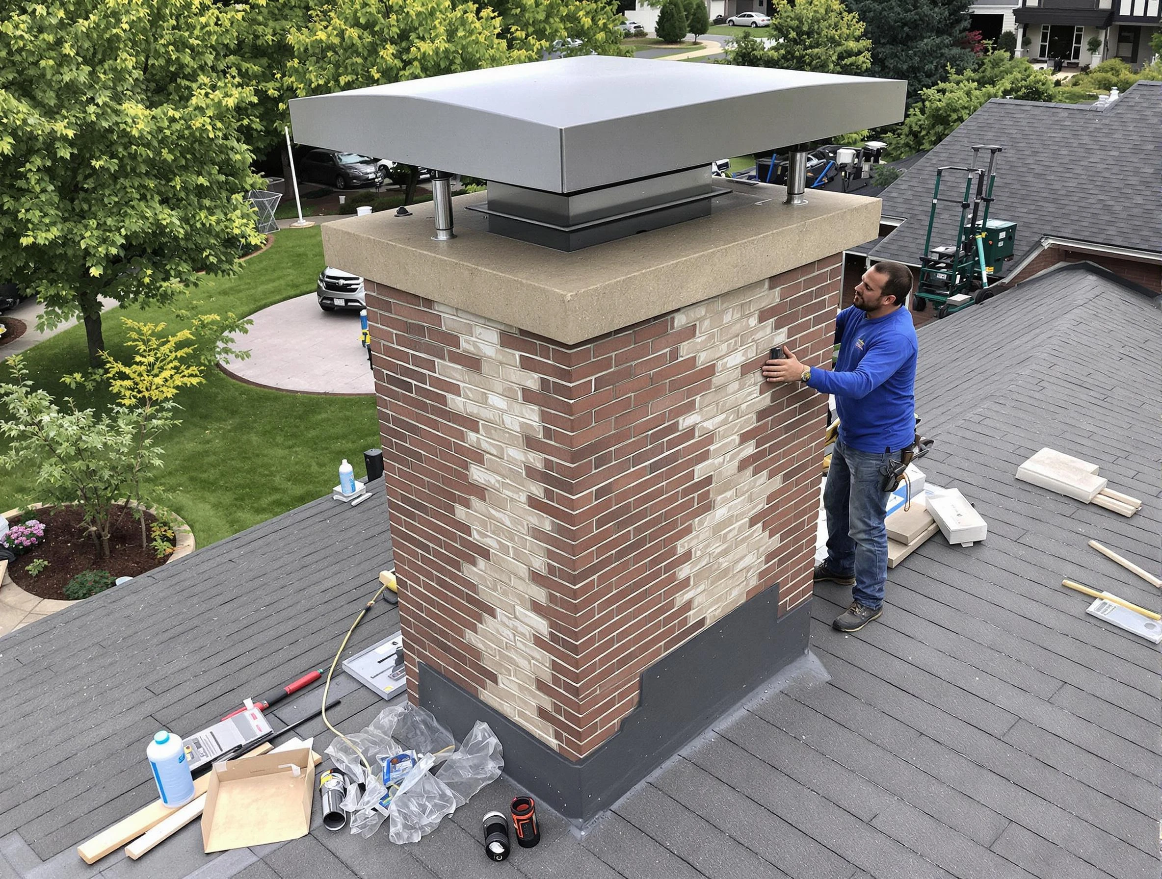 Plymouth Chimney Sweep team working on a custom chimney remodel in Plymouth, MA